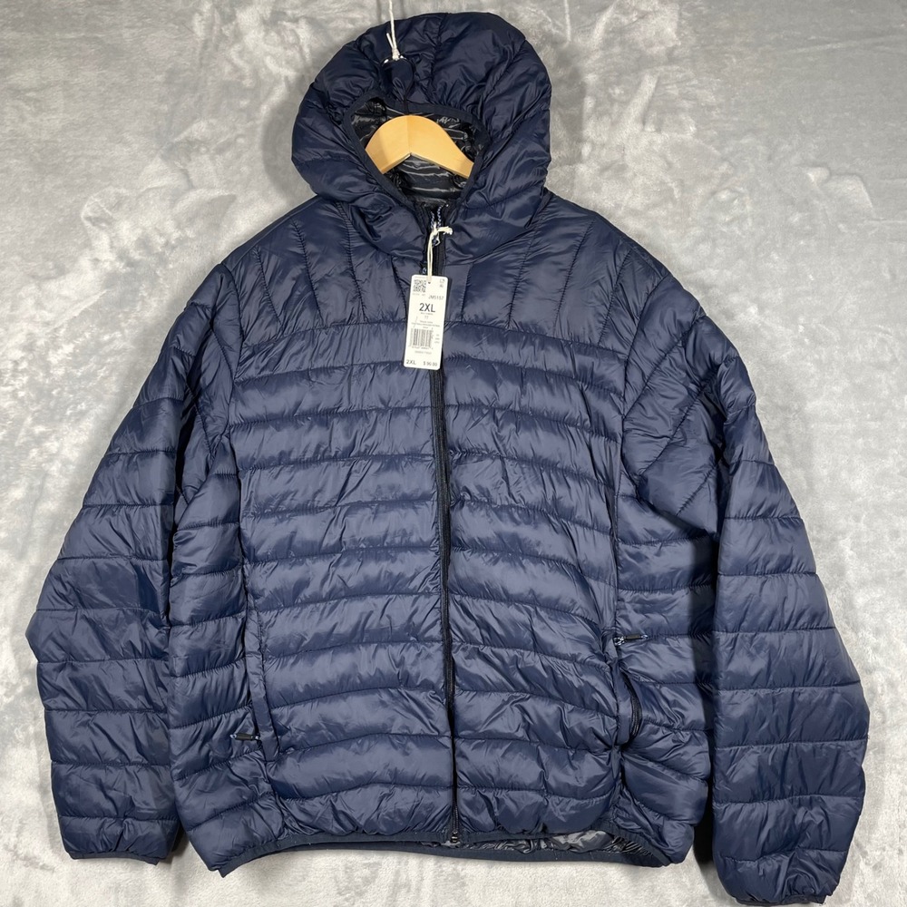 Hawke & Co Sport Mens Puffer Jacket Navy Blue Hooded Quilted HDN616 2XL NEW FLAW